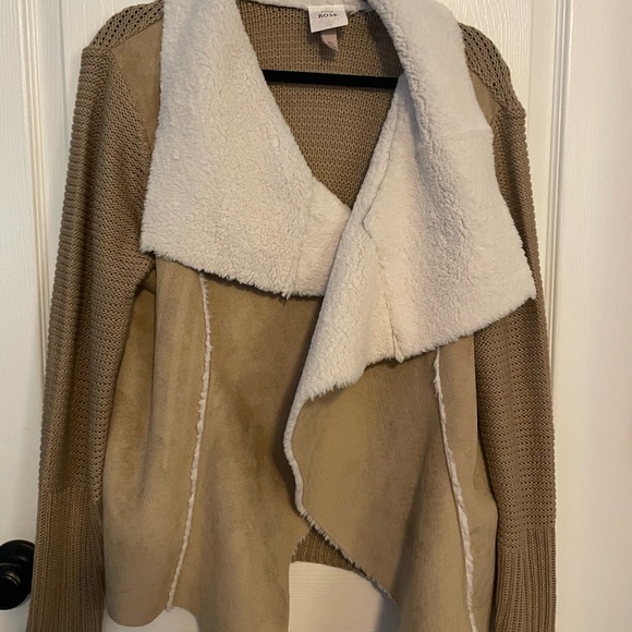 Knox Rose Womens XL Open Front Faux Suede Shearling Tan Cardigan Sweater Jacket - Picture 1 of 4